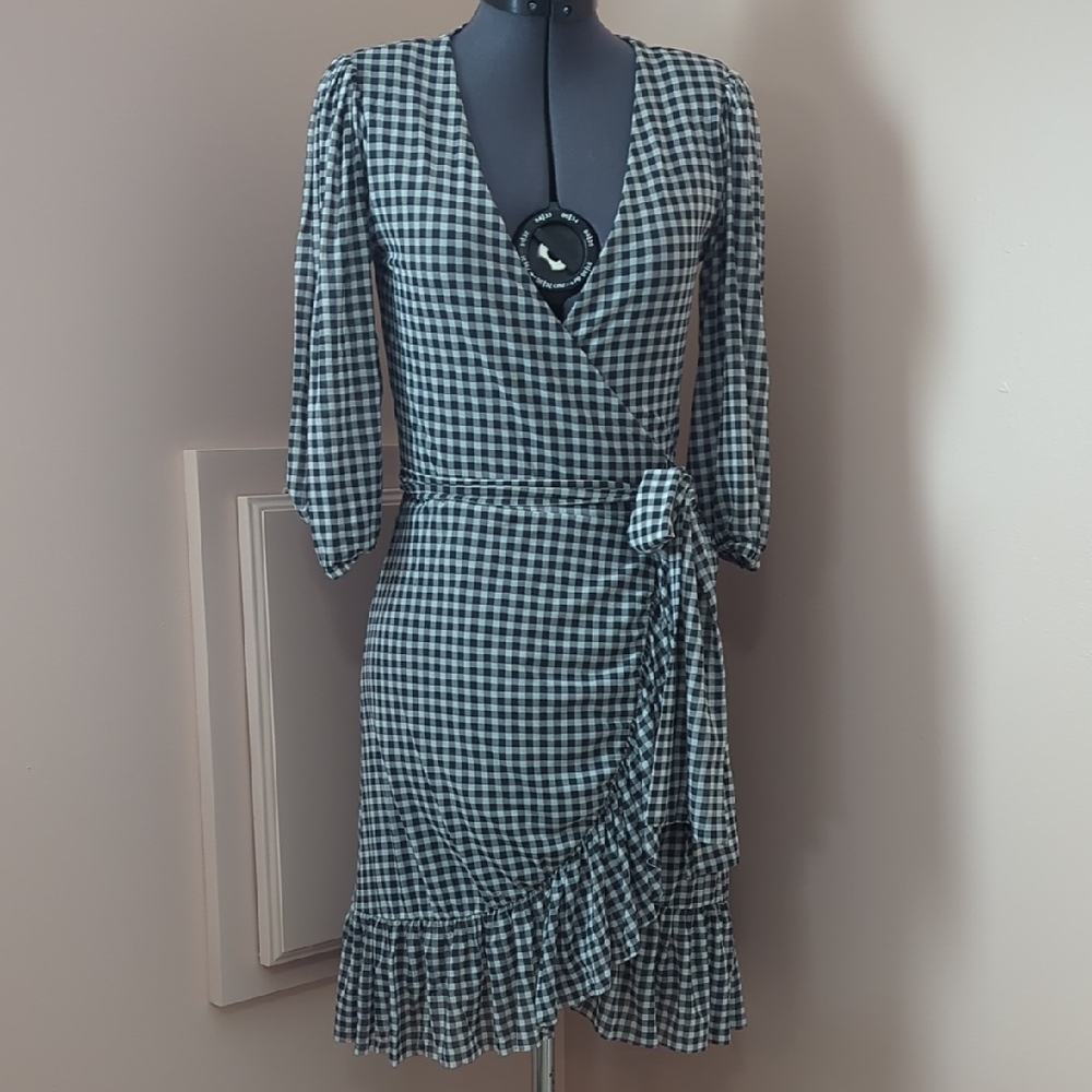 Ganni Black and White Gingham Long Sleeve Dress